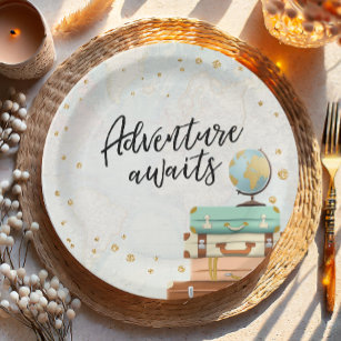 Adventure Awaits Travel Gold Confetti Baby Shower Paper Plate