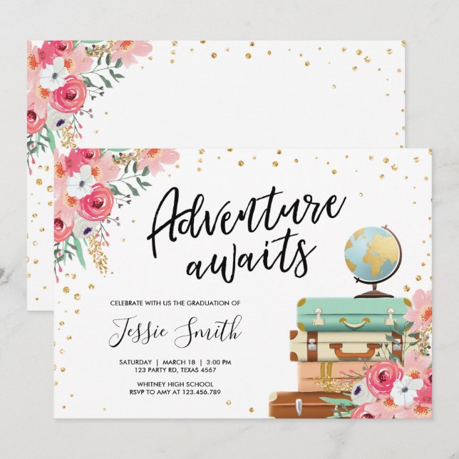 Adventure Awaits Travel Graduation Party School Invitation (Front/Back)