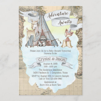 Adventure Awaits Travel Map Boy Baby Shower Invitation