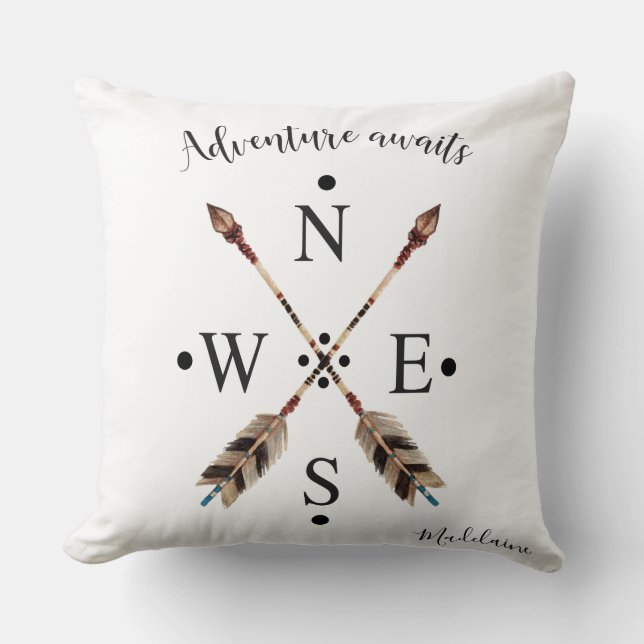 Adventure awaits Typography Tribal Arrows Compass Throw Pillow (Front)