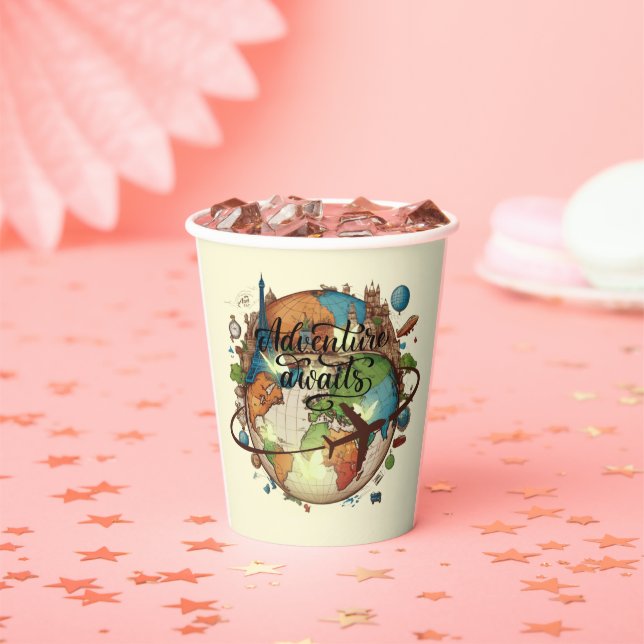 Adventure Awaits Vintage Globe Baby Shower Paper Cups (Insitu)