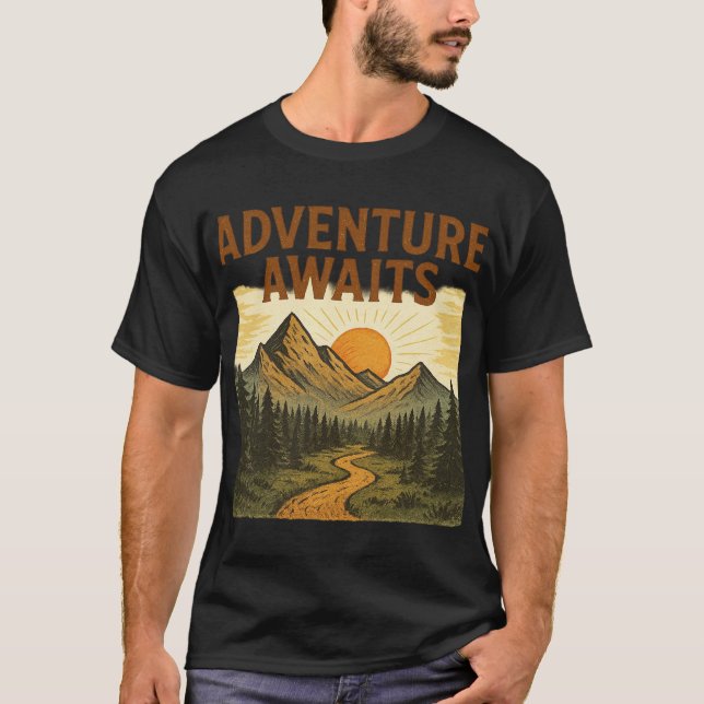 Adventure Awaits | Vintage Mountain & Nature Illus T-Shirt (Front)