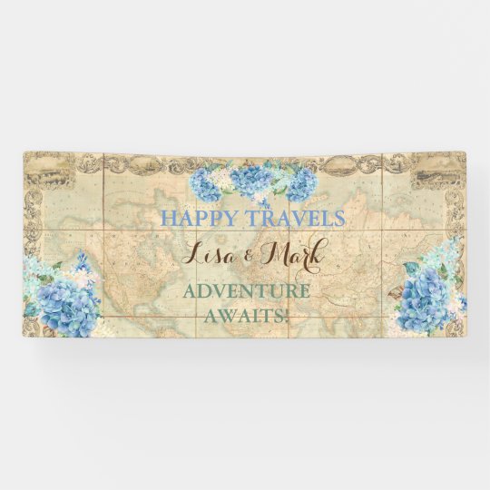 Adventure Awaits Vintage World Map Blue Hydrangeas Banner