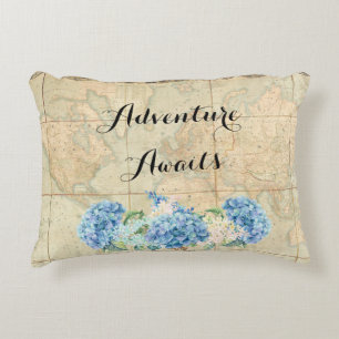 Adventure Awaits Vintage World Map Blue Hydrangeas Decorative Pillow