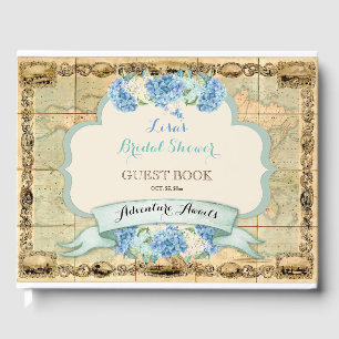 Adventure Awaits Vintage World Map Blue Hydrangeas Guest Book