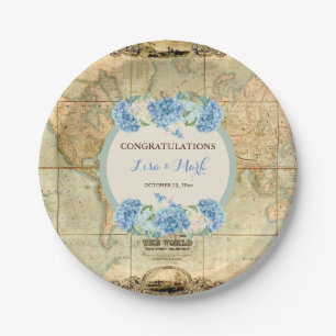 Adventure Awaits Vintage World Map Blue Hydrangeas Paper Plate