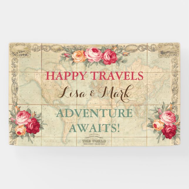 Adventure Awaits Vintage World Map Roses Banner (Horizontal)