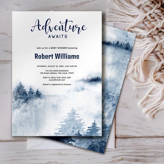 Adventure awaits watercolor forest invitation  (Watercolor foggy forest adventure awaits baby shower invitation with mommy and baby bear)