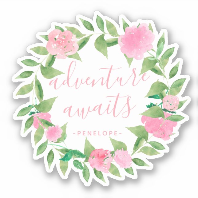 Adventure Awaits Watercolor Wreath with Name (Front)