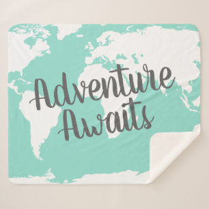 Adventure Awaits White World Map & Mint Sherpa Blanket