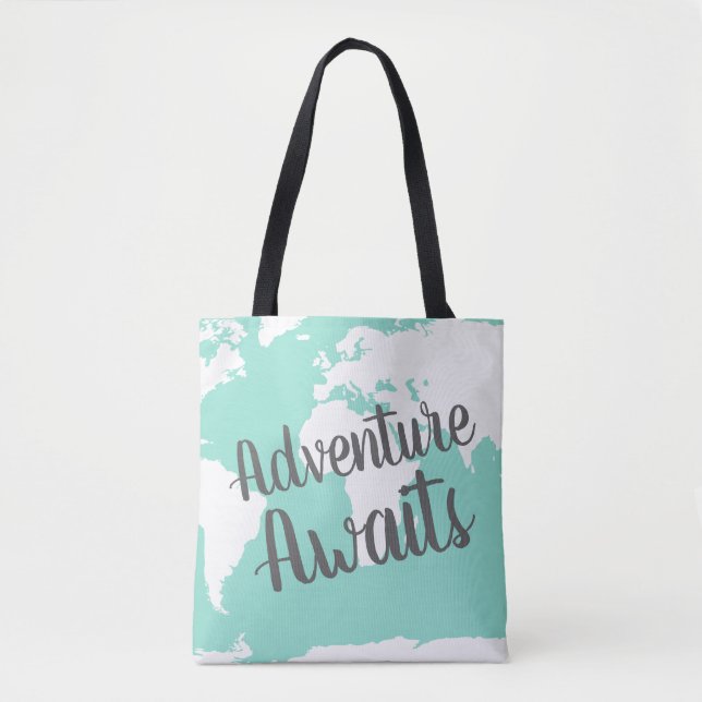 Adventure Awaits White World Map & Mint Tote Bag (Front)