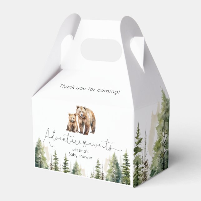 Adventure awaits wild forest bear baby shower favor box (Front Side)