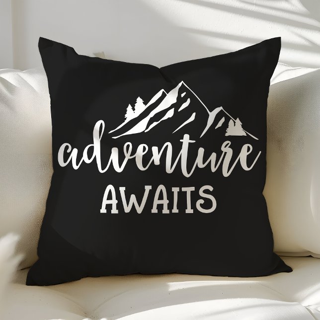 Adventure Awaits Wilderness Quote Black and White Throw Pillow (Creator Uploaded)