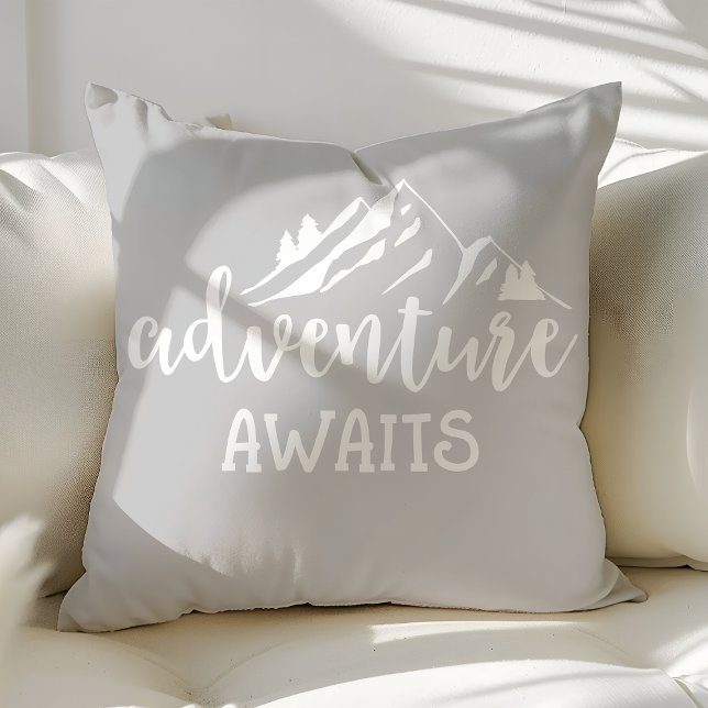 Adventure Awaits Wilderness Quote Grey Throw Pillow (Creator Uploaded)