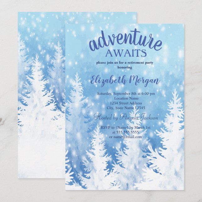 Adventure Awaits Winter Pine Tree Retirement Party Invitation (Front/Back)