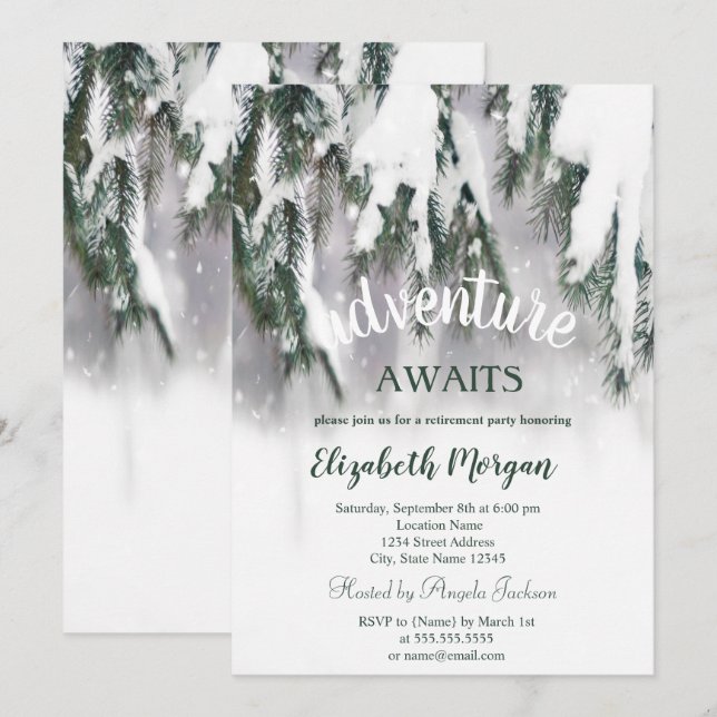Adventure Awaits Winter Pine Tree Snow Retirement Invitation (Front/Back)