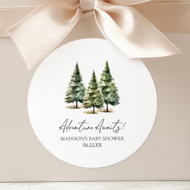 Adventure Awaits! Winter Pine Trees Baby Shower Classic Round Sticker (Creator Uploaded)