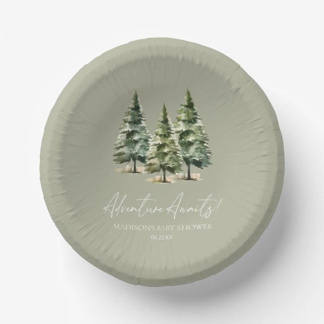 Adventure Awaits! Winter Pine Trees Baby Shower Paper Plate (Front)