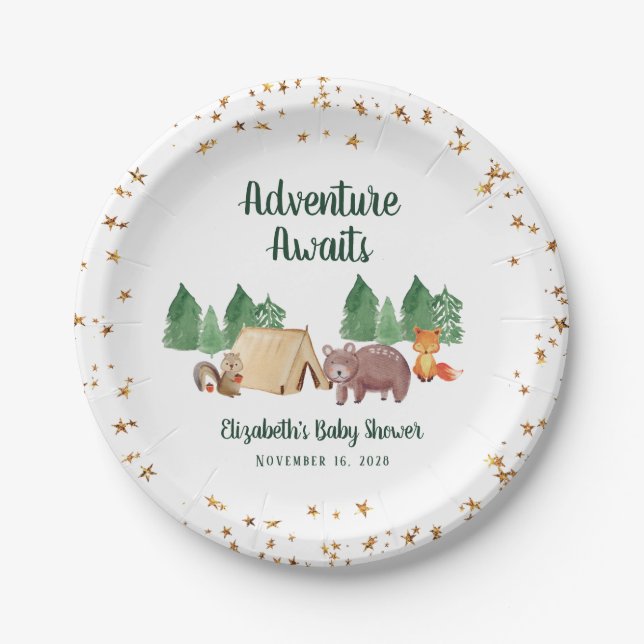 Adventure Awaits Woodland Animals Baby Shower Paper Plate (Front)