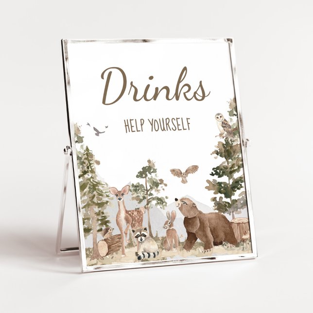 Adventure Awaits Woodland Animals Drinks Poster (Woodland Animals Adventure Awaits Baby Shower Drinks Sign)