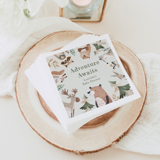 Adventure awaits Woodland animals Sage Baby shower Napkin (Creator Uploaded)