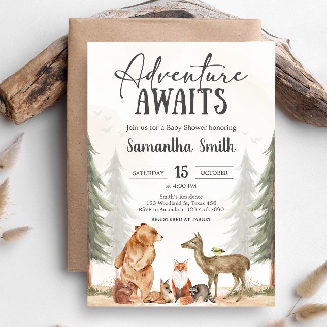 Adventure Awaits Woodland Baby Shower Invitation (Woodland Baby Shower Invitation)