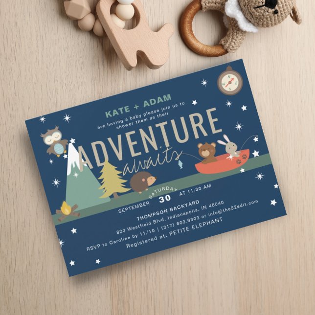 Adventure Awaits Woodland Boy Navy Baby Shower Invitation (Creator Uploaded)