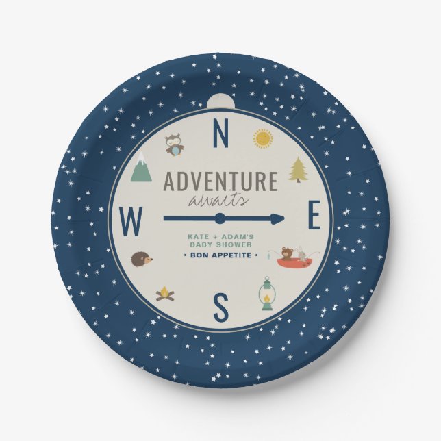 Adventure Awaits Woodland Boy Navy Baby Shower  Paper Plate (Front)