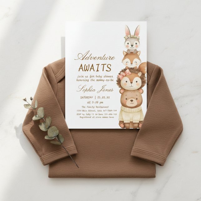 Adventure Awaits Woodland Cute Animals Baby Shower Invitation (Creator Uploaded)