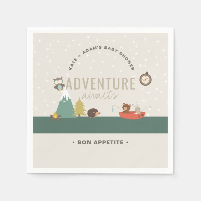 Adventure Awaits Woodland Neutral Baby Shower Napkin (Front)