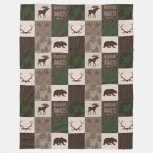 Adventure Awaits woodland Patchwork- green/brown Fleece Blanket