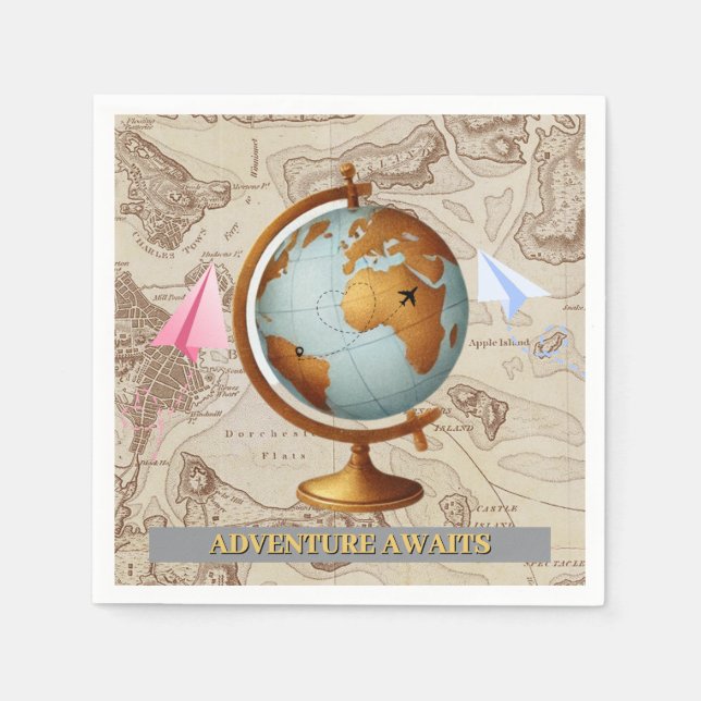 Adventure Awaits World Map Baby Shower Napkin (Front)