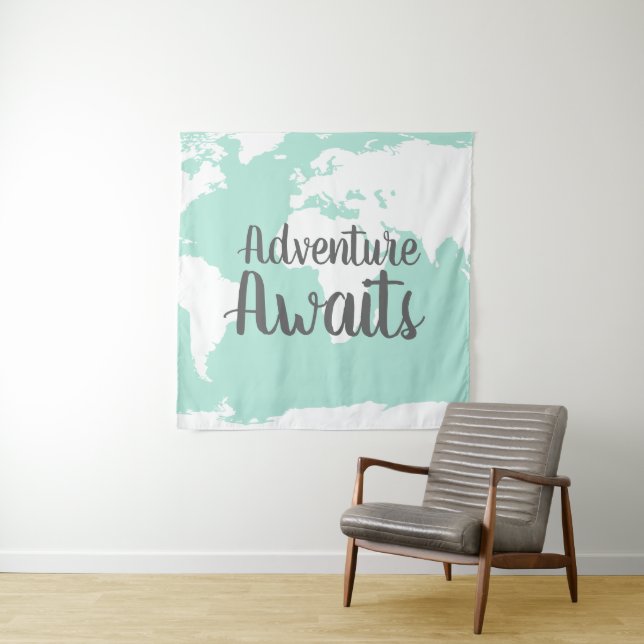 Adventure Awaits World Map & Mint Tapestry (In Situ)