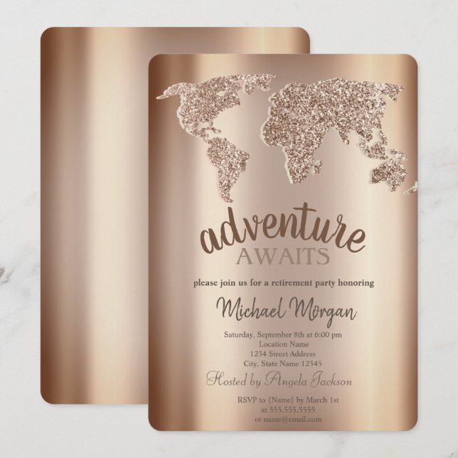 Adventure Awaits World Map Retirement  Invitation (Front/Back)
