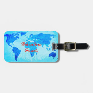 Adventure Awaits World Map Teal Blue Gift Favour Luggage Tag