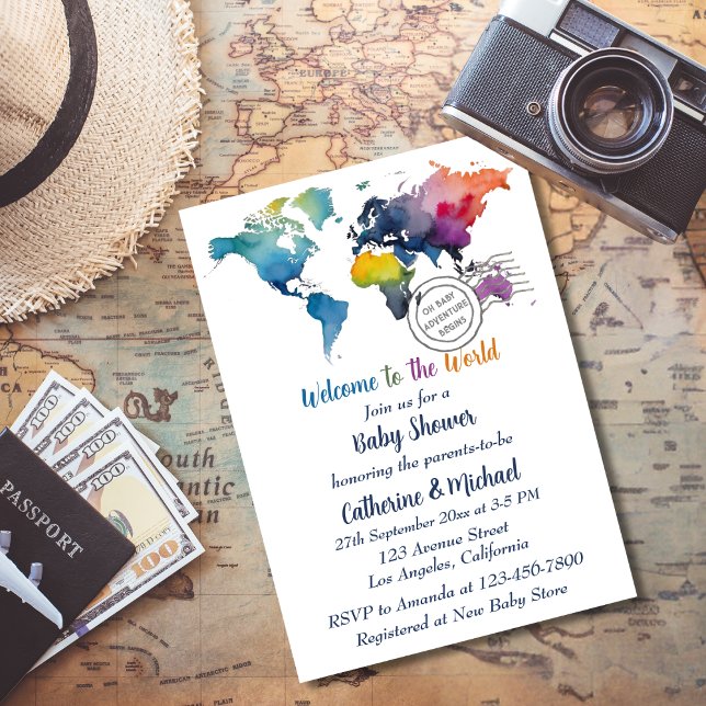 Adventure Awaits World Map Travel Baby Shower  Invitation (Creator Uploaded)