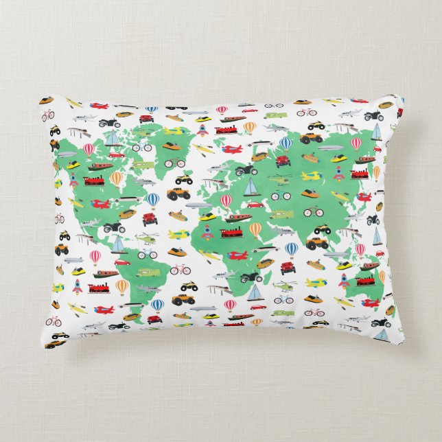 Adventure Awaits World Map Vehicles Accent Pillow (Front)