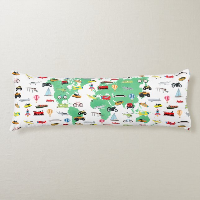 Adventure Awaits World Map Vehicles Body Pillow (Front)