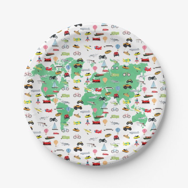 Adventure Awaits World Map Vehicles Paper Plate (Front)