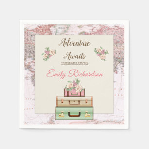 Adventure Awaits World Travel Map Pink Roses Napkin