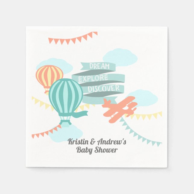 Adventure Baby Shower Airplane and Balloon Napkin (Front)