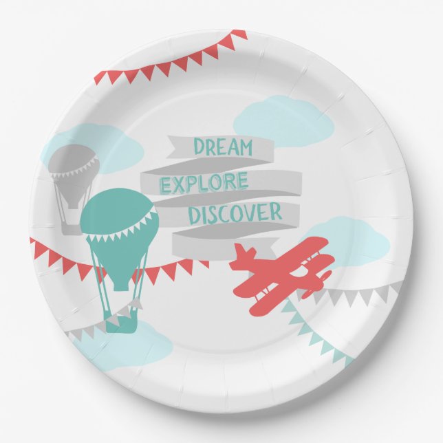 Adventure Baby Shower Airplane and Balloon Paper Plate (Front)