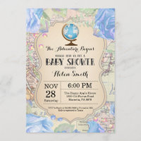 Adventure Baby Shower Blue Floral Map Travel World