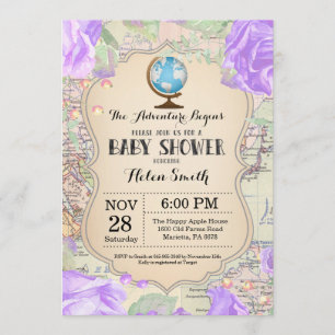 Adventure Baby Shower Floral Map Travel World Invitation