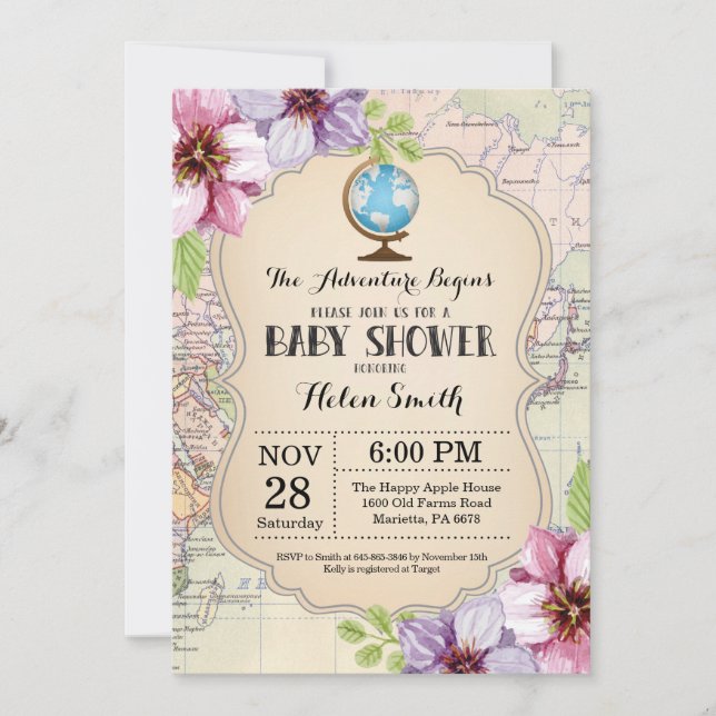 Adventure Baby Shower Floral Map Travel World Invitation (Front)