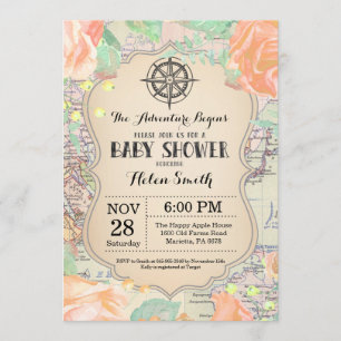Adventure Baby Shower Pink Floral Map Travel World Invitation