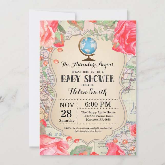 Adventure Baby Shower Red Floral Map Travel World Invitation (Front)