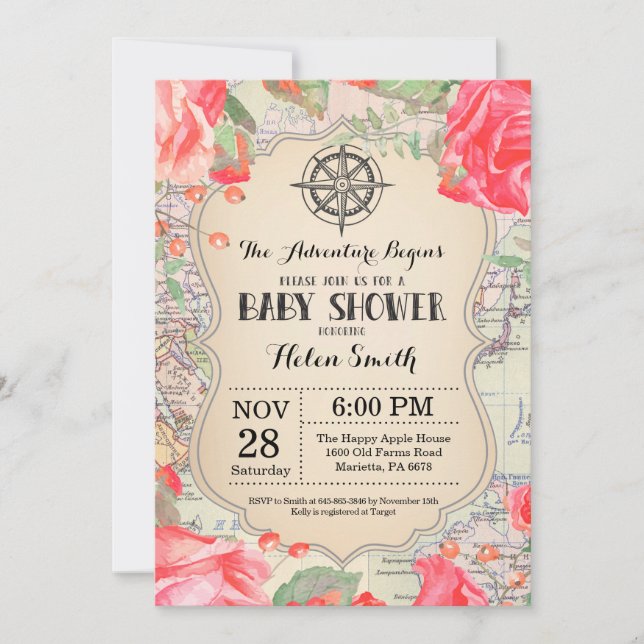 Adventure Baby Shower Red Floral Map Travel World Invitation (Front)