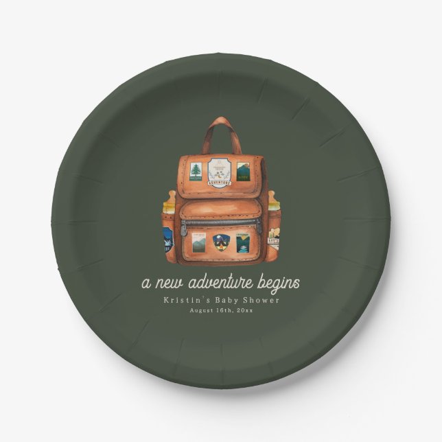 Adventure Backpack + Bottles Green Baby Shower Paper Plate (Front)