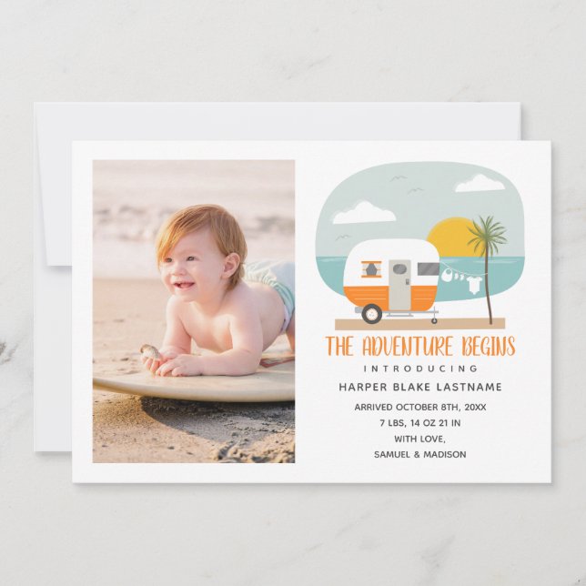 Adventure Beach Orange Camper Baby Birth Announcement (Front)